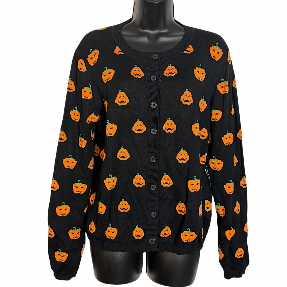 ModCloth NWT Halloween Cardigan Sweater L Black Orange Pumpkin Jack-O-Lantern